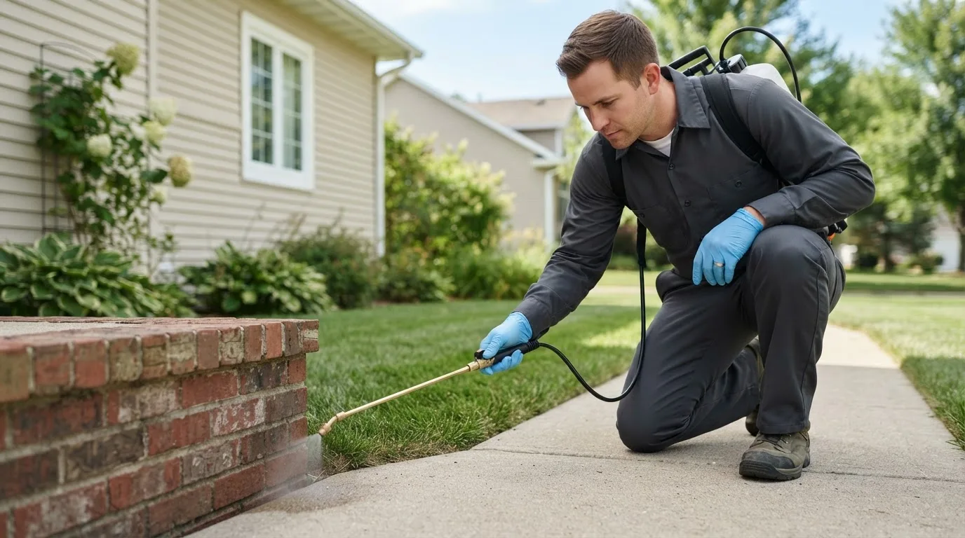 Pest control technician treating a home near Lac Du Flambeau, WI